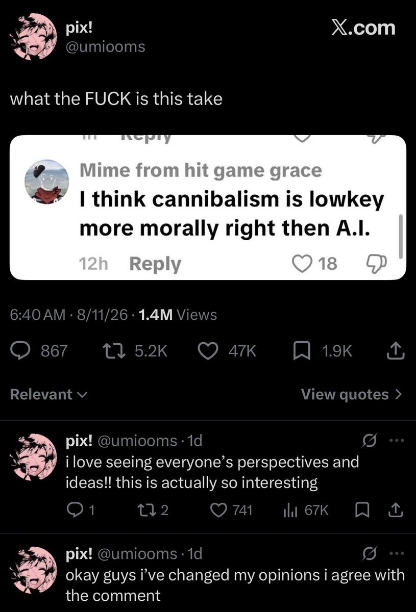 A social media reply claiming that cannibalism is more morally right than AI