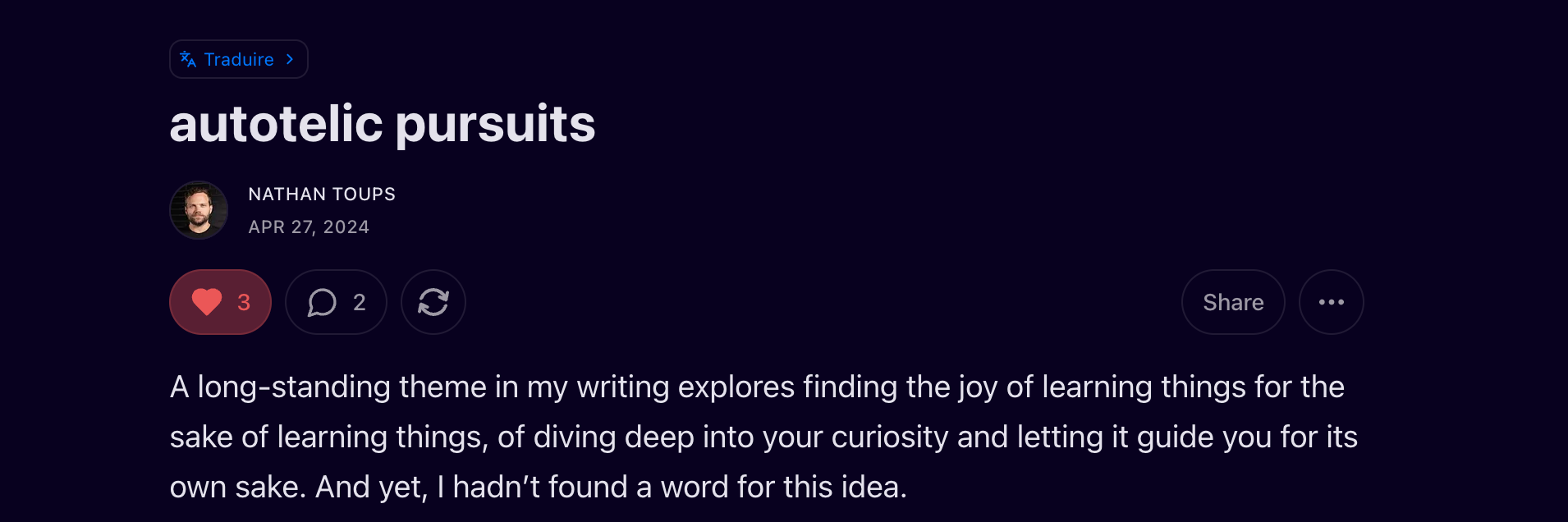 An article describing autotelic pursuits as learning for its own sake