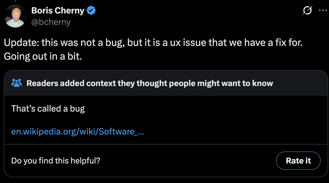 Boris Cherny calling a bug a UX issue and receiving a community note