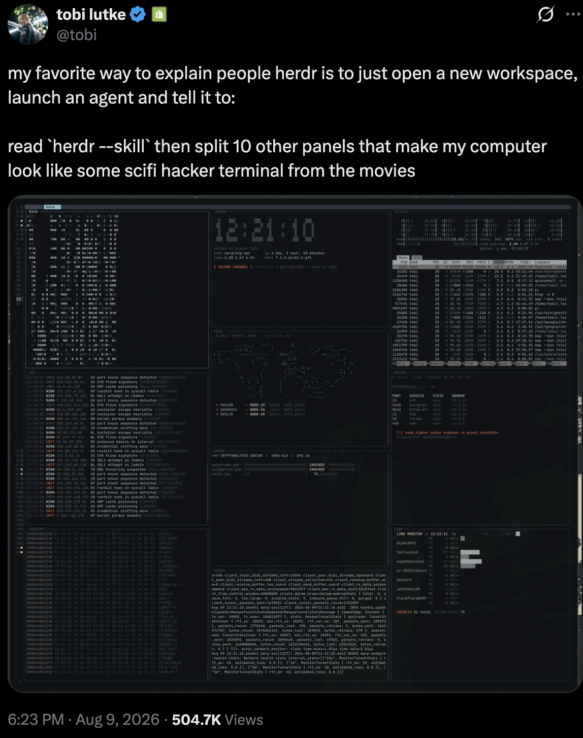 A post demonstrating herdr coordinating agents across a terminal workspace